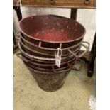 Eight early painted metal florist buckets, diameter 48cm height 36cm