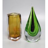 A Kosta amber glass vase and a green and clear glass ornament