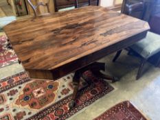 A Regency rosewood centre table fitted drawers on pillar and quadripartite platform base, width