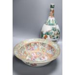 A 19th century Chinese famille rose basin and famille verte bottle vase, tallest 47cm,