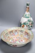 A 19th century Chinese famille rose basin and famille verte bottle vase, tallest 47cm,