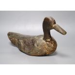 A carved wood decoy duck, length 42cm