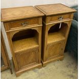 A pair of early 20th century satin walnut bedside cabinets, width 42cm, depth 34cm, height 91cm