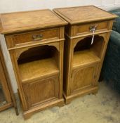 A pair of early 20th century satin walnut bedside cabinets, width 42cm, depth 34cm, height 91cm