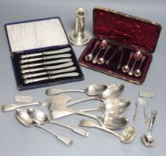 Mixed silver etc. including seven 19th century silver spoons, a silver butter knife, silver dwarf