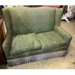 A green damask two seater sofa, width 135cm, depth 70cm, height 100cm