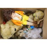 A collection of teddies and a Norah Wellings felt doll