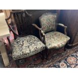 A Hepplewhite style mahogany armchair and a Louis XV walnut fauteuil covered in tapestry