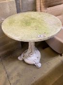 A Coalbrookdale white painted cast iron wine table with later white marble top, 66cm diameter,