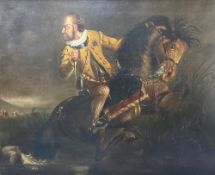 19th Century English School, oil on canvas, Horse rider escaping the battlefield, 70 x 90cm