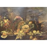 After De Heem (1600-1671), colour print, Still life (a.f.), housed in an ornate gilt gesso frame,