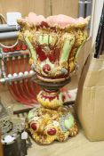 A large Victorian porcelain majolica jardiniere on pedestal stand
