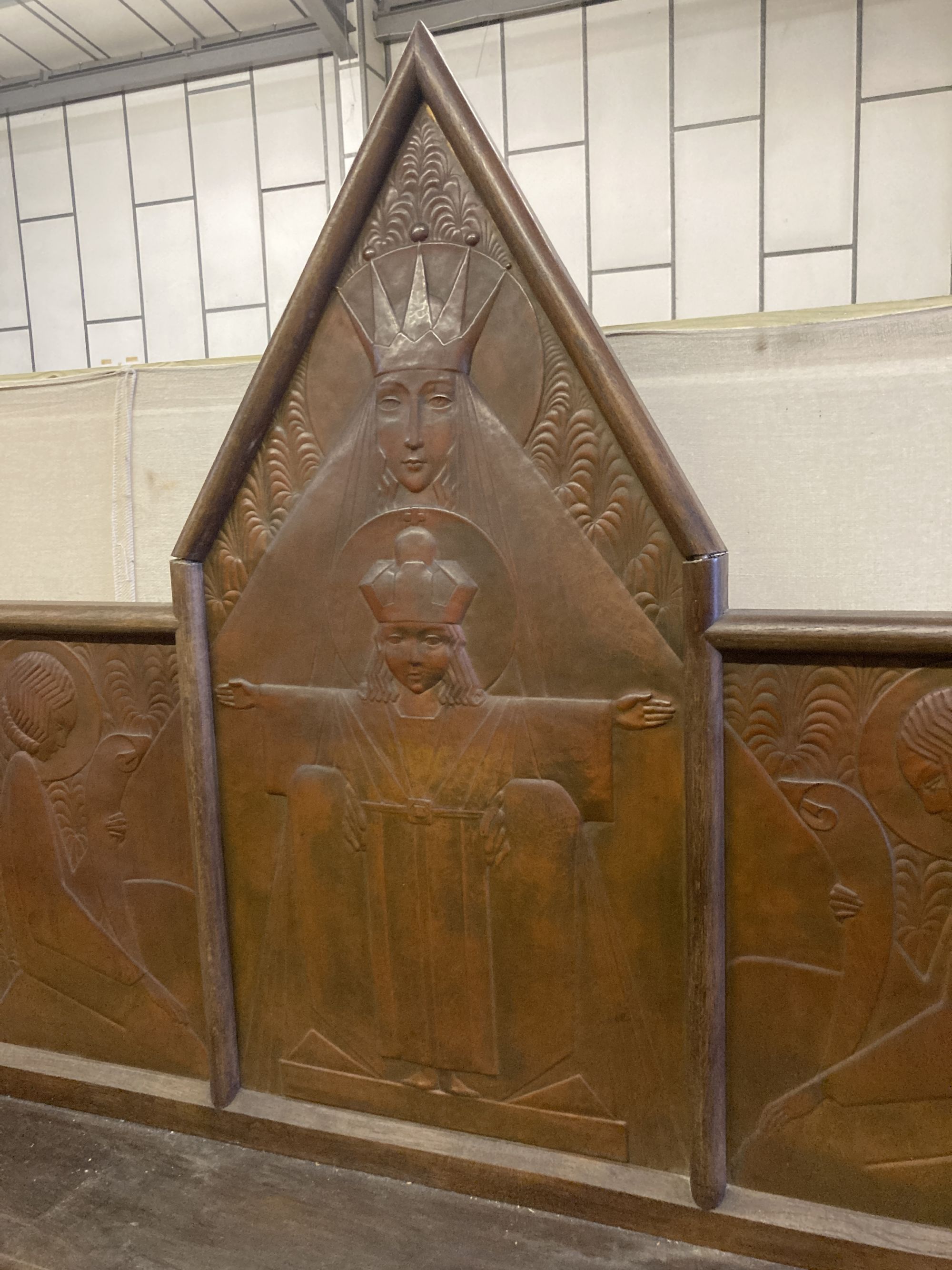 An Arts & Crafts oak and embossed copper triptych by Felix Jacques, signed and dated 1928, width - Image 3 of 7