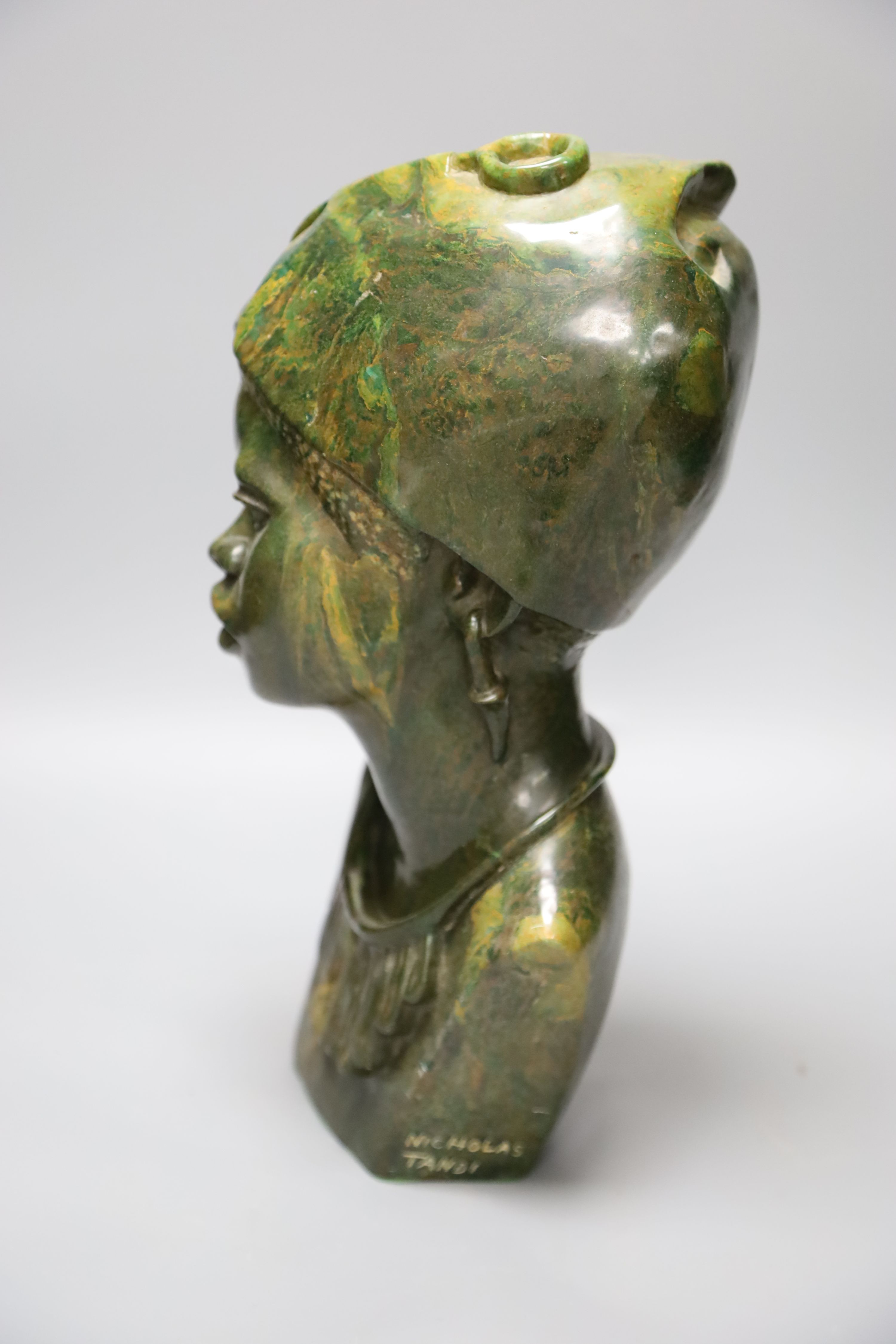 A Shona tribe verdite bust, signed Nicholas Tandi, height 36cm - Image 2 of 4