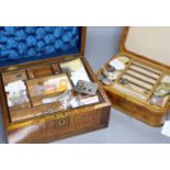 Various modern pill boxes, a pollard oak sewing box with contents, a leather jewellery case, a