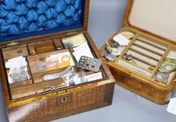 Various modern pill boxes, a pollard oak sewing box with contents, a leather jewellery case, a