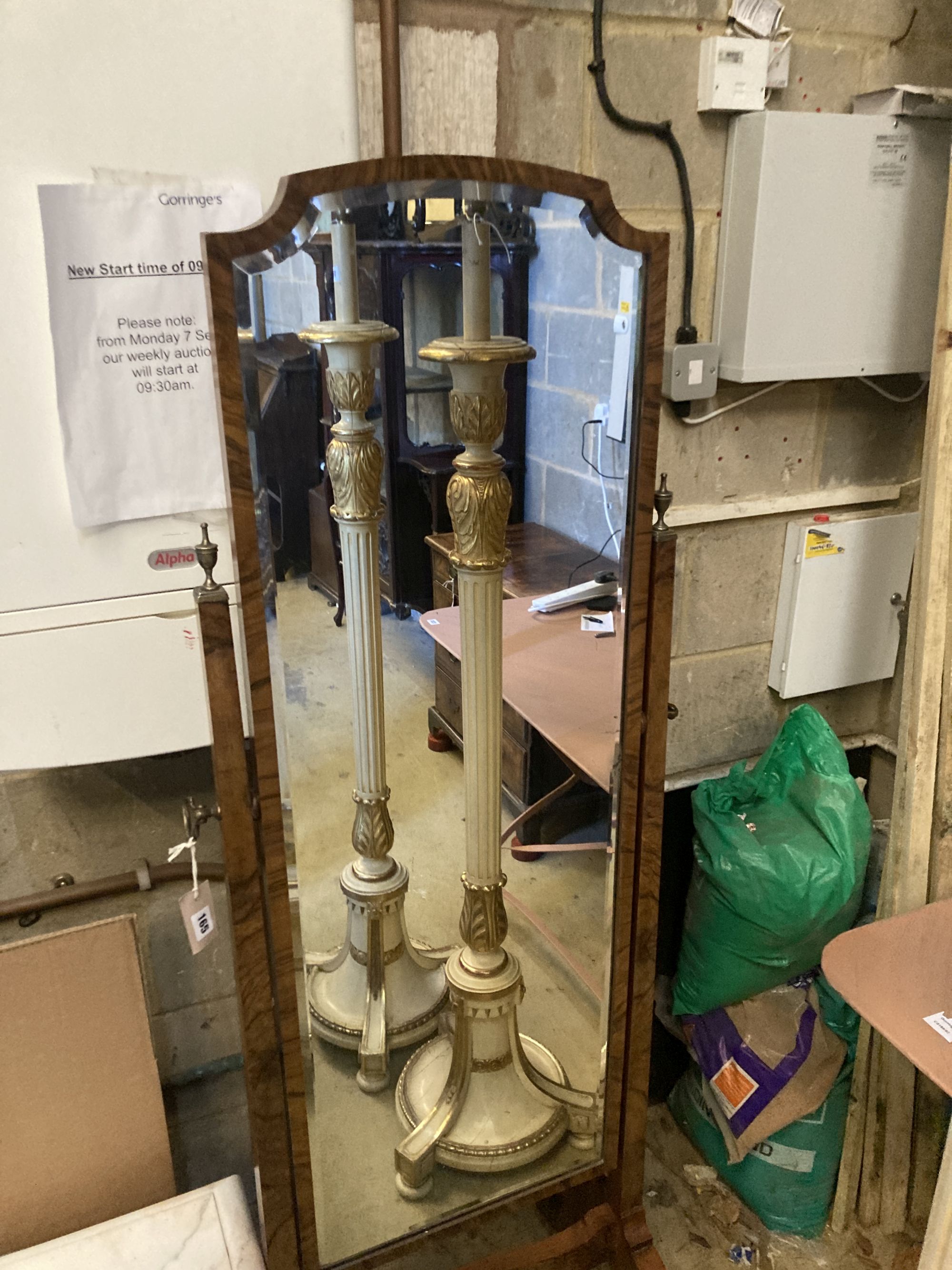 A 1920's walnut cheval mirror, width 54cm, height 164cmCONDITION: Some silvering to the mirror. No - Image 2 of 4