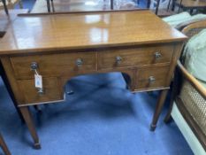 An Edwardian inlaid mahogany writing table, width 90cm, depth 50cm, height 76cm