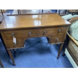 An Edwardian inlaid mahogany writing table, width 90cm, depth 50cm, height 76cm