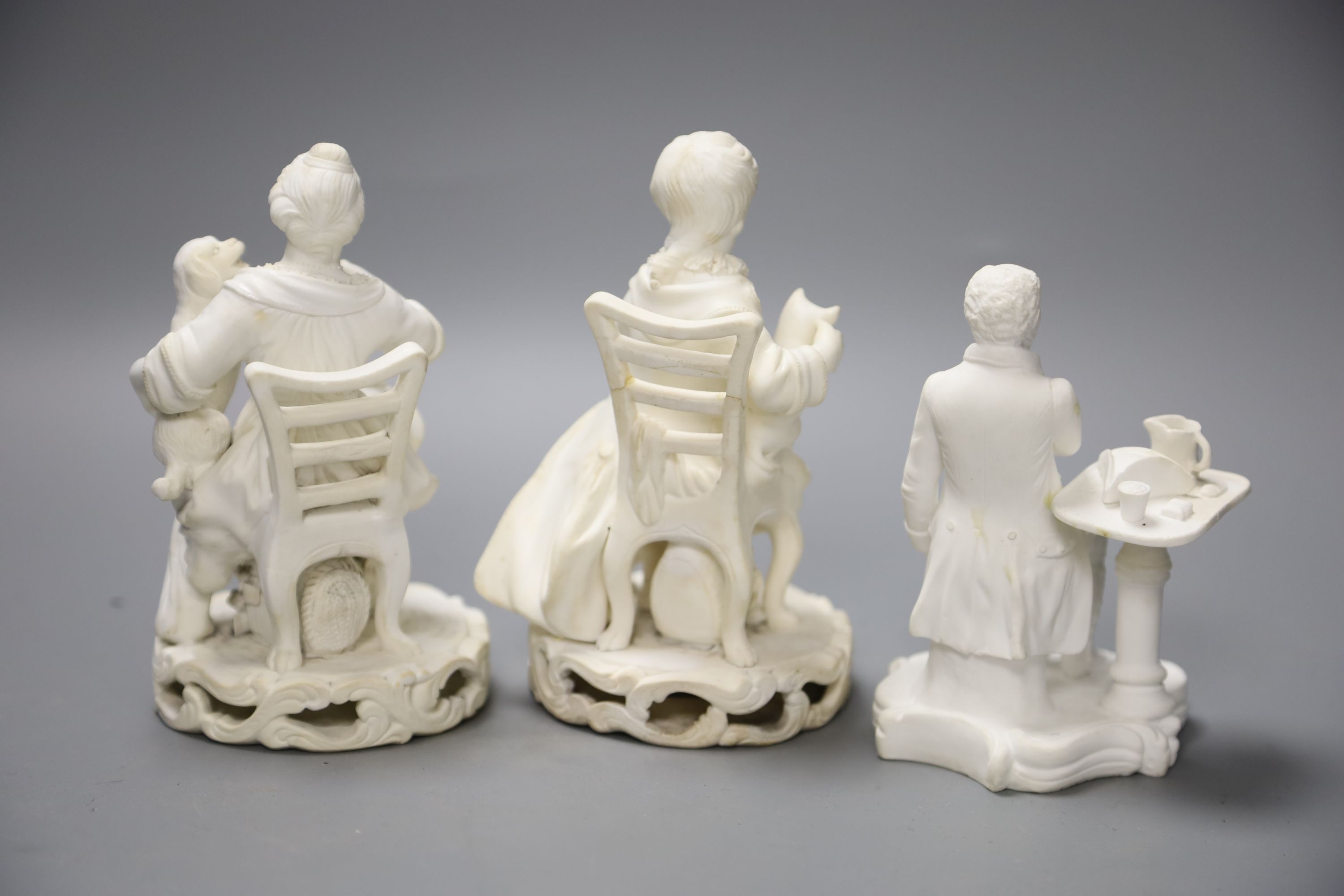 An early 19th century pair of Derby biscuit figures of a boy with a cat and a girl with a dog and - Image 5 of 6