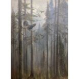 Lisa Muller, oil on canvas board, Capercaillie amongst pine trees, signed, 61 x 45cm