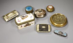 An ornate 19th century porcelain box together with two enamel boxes, snuff box etc. (8 items)