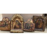 A tempera on wood triptych icon, height overall 25cm and a single Virgin and child icon, 21 x 17cm