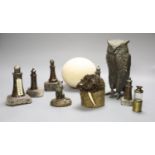 Mixed collectables including five Serpentine lighthouses, pewter owl, cold painted model of an