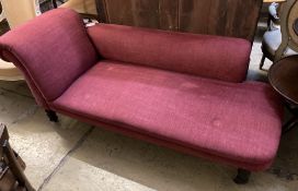 A late Victorian chaise longue, recently upholstered in red fabric, length 168cm, depth 70cm, height