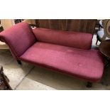 A late Victorian chaise longue, recently upholstered in red fabric, length 168cm, depth 70cm, height
