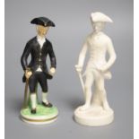 An early 19th century Derby rare biscuit figure of Dr. Syntax Walking and a later modelled Derby