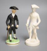 An early 19th century Derby rare biscuit figure of Dr. Syntax Walking and a later modelled Derby