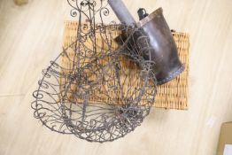 A wirework hanging basket, a fire bucket, a telescope, an easel and a picnic basket