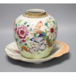 A Chinese famille rose jar and dish, length 28cm