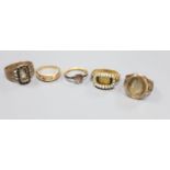 A 15ct and gem set ring 9a.f.) gross 2.3 grams and four other 19th century yellow metal rings(a.f.),