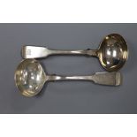 A pair of Victorian silver fiddle pattern sauce ladles, John James Whiting, London, 1838, 4.8oz.