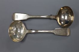 A pair of Victorian silver fiddle pattern sauce ladles, John James Whiting, London, 1838, 4.8oz.