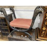 A Regency brass X frame dressing stool, from a design by Thomas Hope, width 88cm, depth 48cm, height