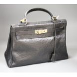 A Hermes Sac a depeches (Kelly) bag, ostrich skin, circa 1940's, (undated - prior to 1945)