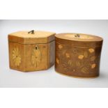 A George III oval marquetry tea caddy and a hexagonal caddy. tallest 11.5cm