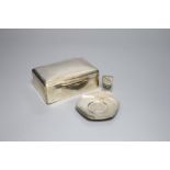 A silver cigarette box (marks rubbed), 14cm, a modern silver commemorative dish and a silver vesta