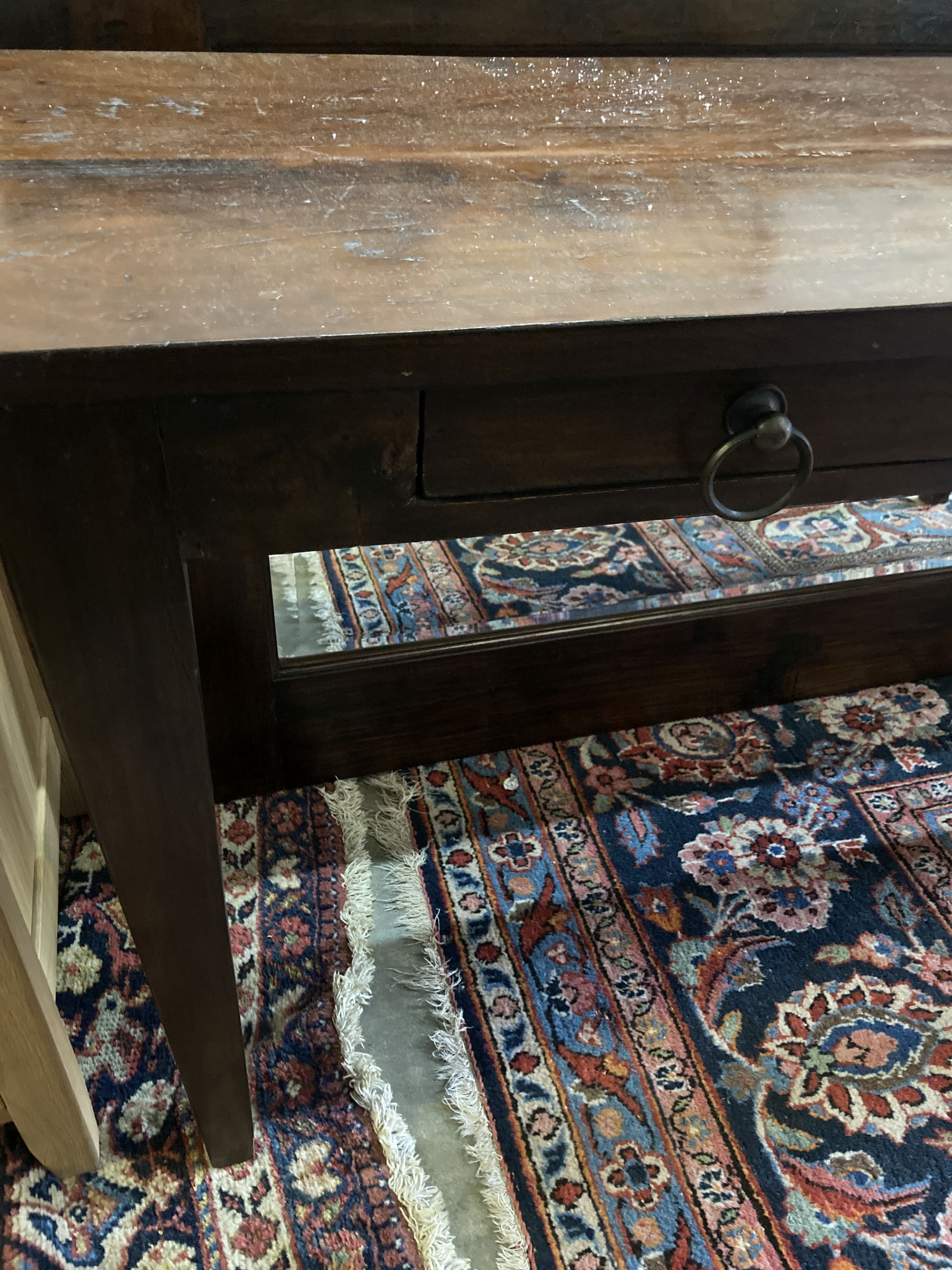 An Indian hardwood table, width 140cm, depth 40cm, height 76cm and a matching wall mirror - Image 2 of 6