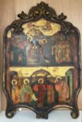 A tempera on panel icon with two scenes from the bible, shaped, overall 54 x 36.5cm