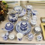A collection of mainly 18th century English blue and white ceramics, including Worcester, Caughley