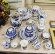 A collection of mainly 18th century English blue and white ceramics, including Worcester, Caughley