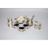 Assorted small silver, including a 1970's silver mustard, a modern silver pepper mill, three