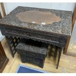 A Chinese carved hongmu folding table, width 83cm depth 56cm height 67cm, and a similar stool/stand,
