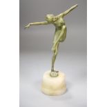 An Art Deco bronzed spelter model of a dancer, on an onyx plinth, height 25cm (a.f.)