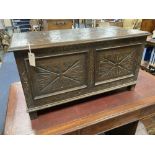 A small 18th century style carved oak coffer, width 90cm, depth 45cm, height 48cm