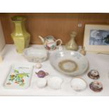A quantity of mixed Chinese ceramics including a famille rose teapot, tallest 31cm